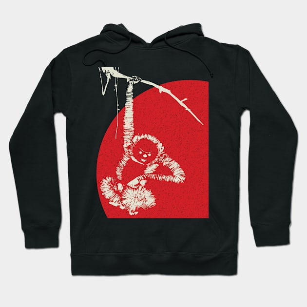 Tachibana Morikuni Ancient Japanese Monkey Hanging From A Branch with Red Distressed Sun Hoodie by pelagio